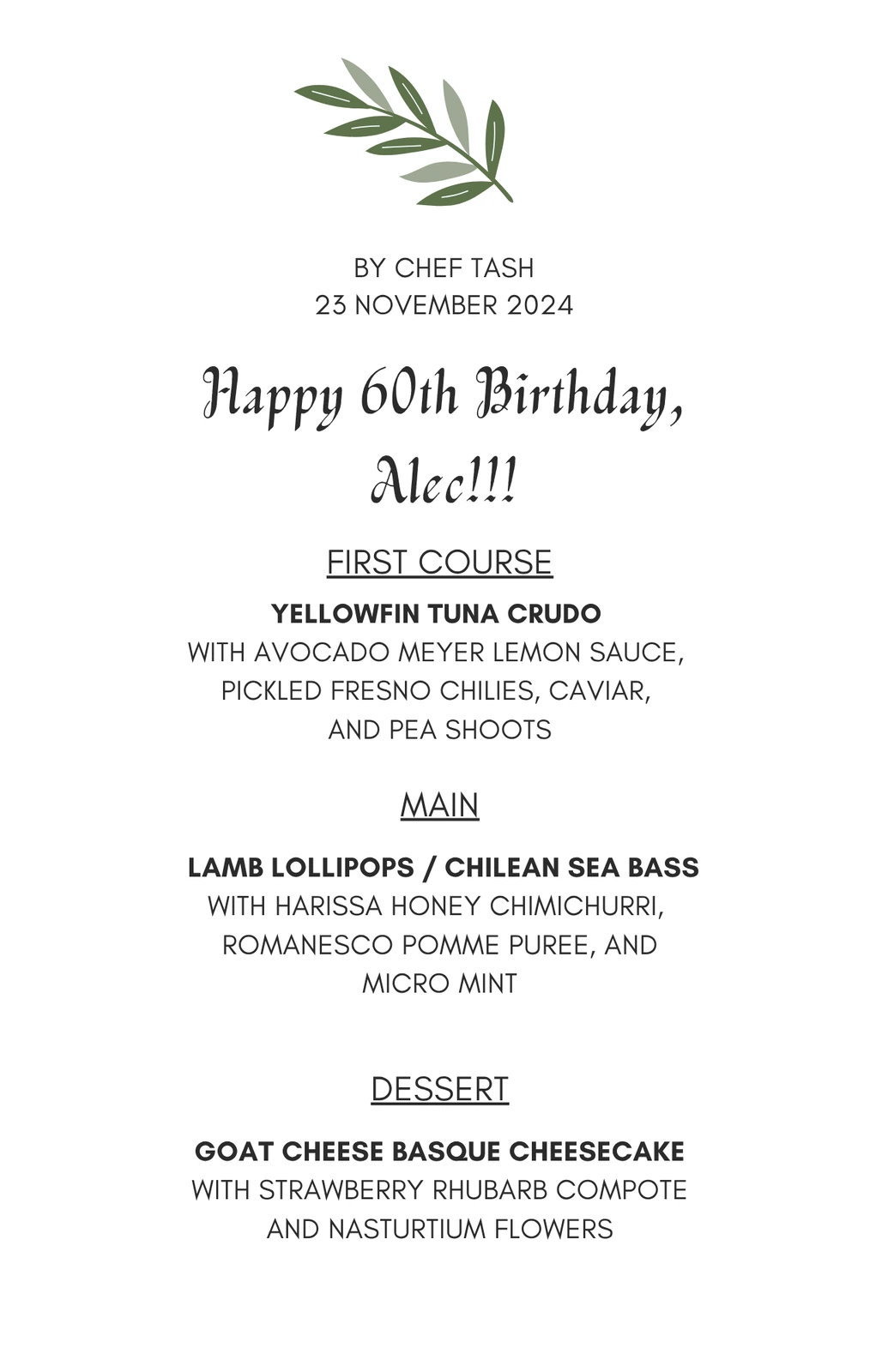 Menu for a 60th birthday dinner