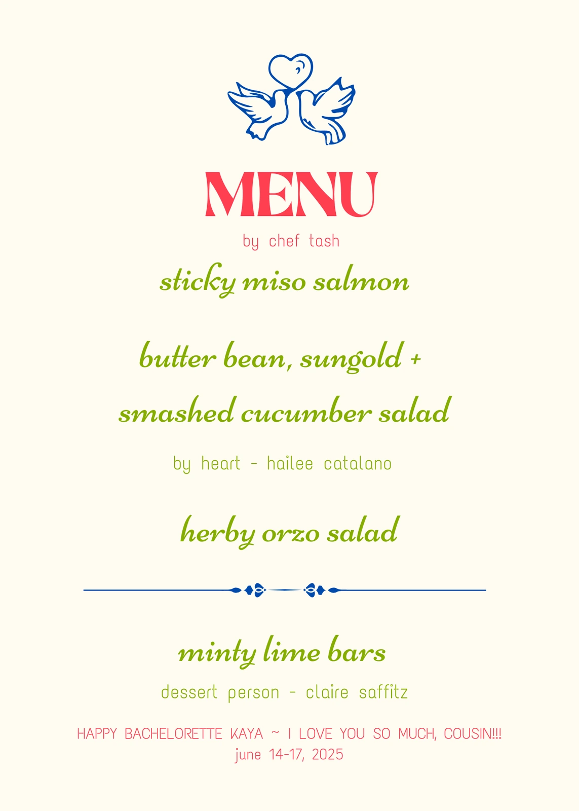 Menu for a bachelorette dinner