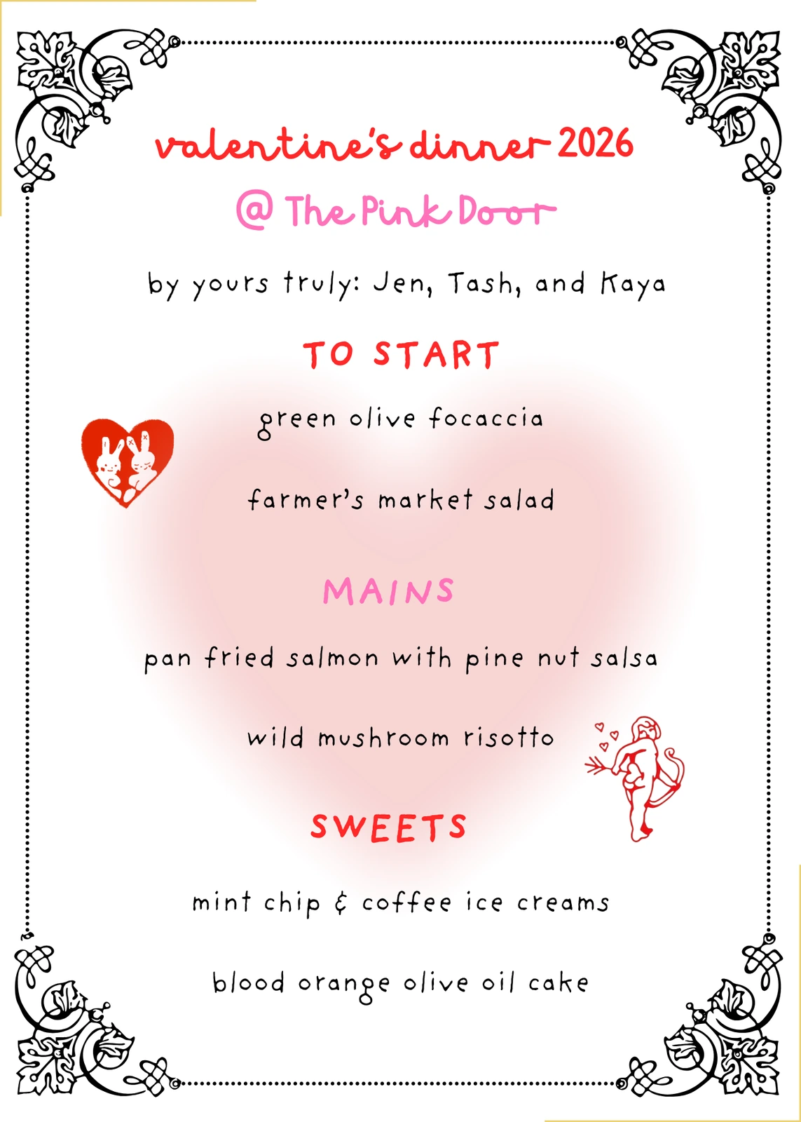 Valentine's dinner menu with hand-drawn hearts and borders